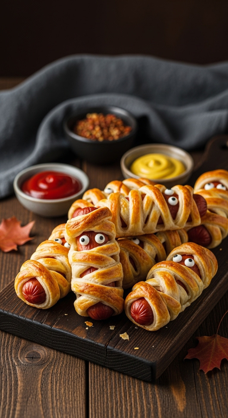 Golden Hot Dog Mummies With Candy Eyes In Puff Pastry, On A Rustic Wood Board With Ketchup, Mustard, And Autumn Leaves.