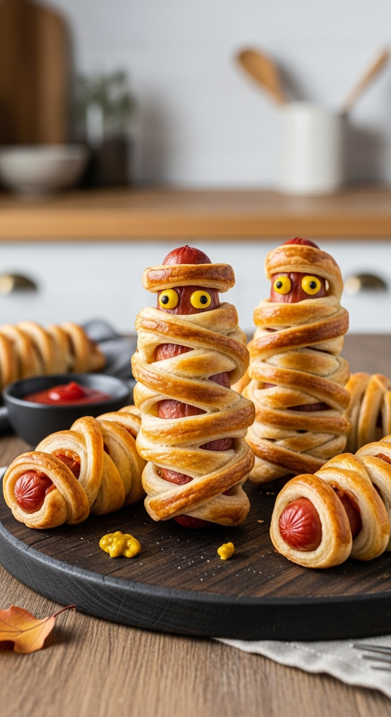 Golden Hot Dog Mummies With Mustard Eyes, On A Rustic Wooden Board With Ketchup And Autumn Leaves. Cozy Halloween Party Food Photography.