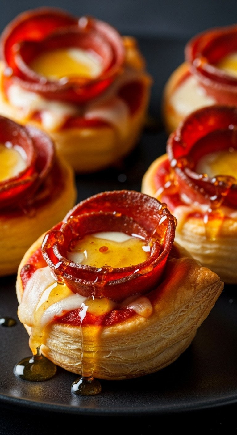 Golden Hot Honey Pepperoni Pizza Puff Pastry Bites With Melted Mozzarella. Spicy Savory Appetizer Recipe.