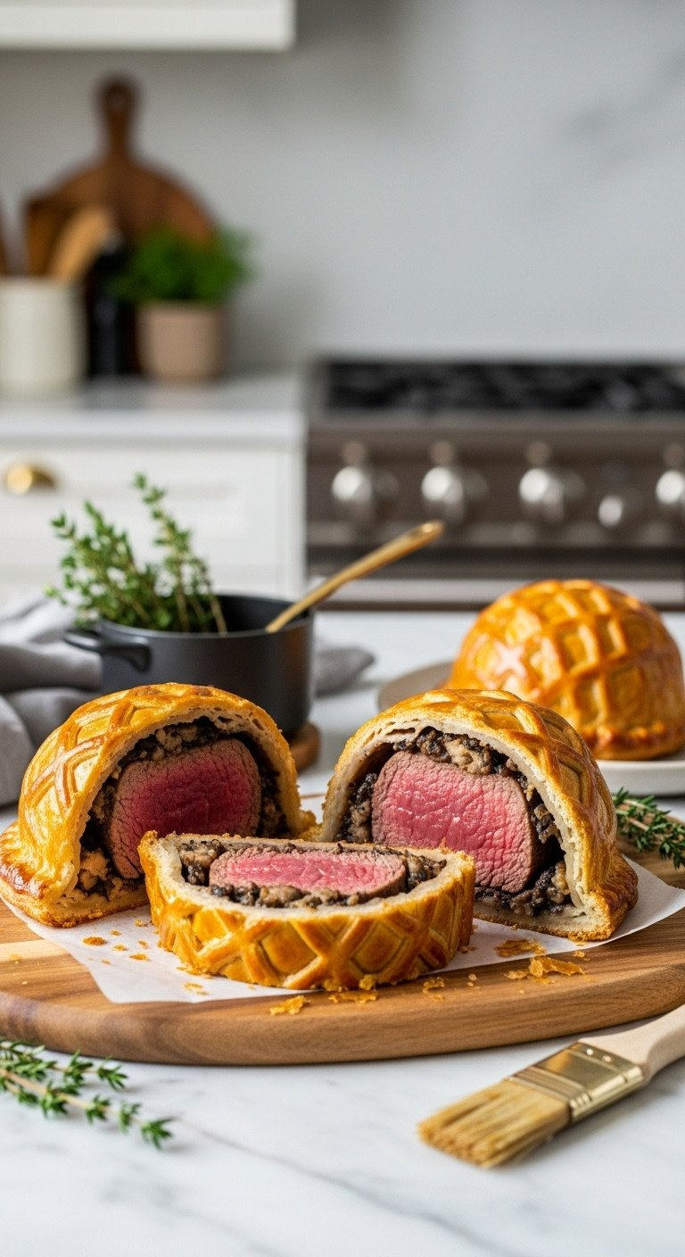 Golden Individual Beef Wellingtons, Sliced, Revealing Medium-Rare Beef, Mushroom Duxelles. Perfect Holiday Dinner.