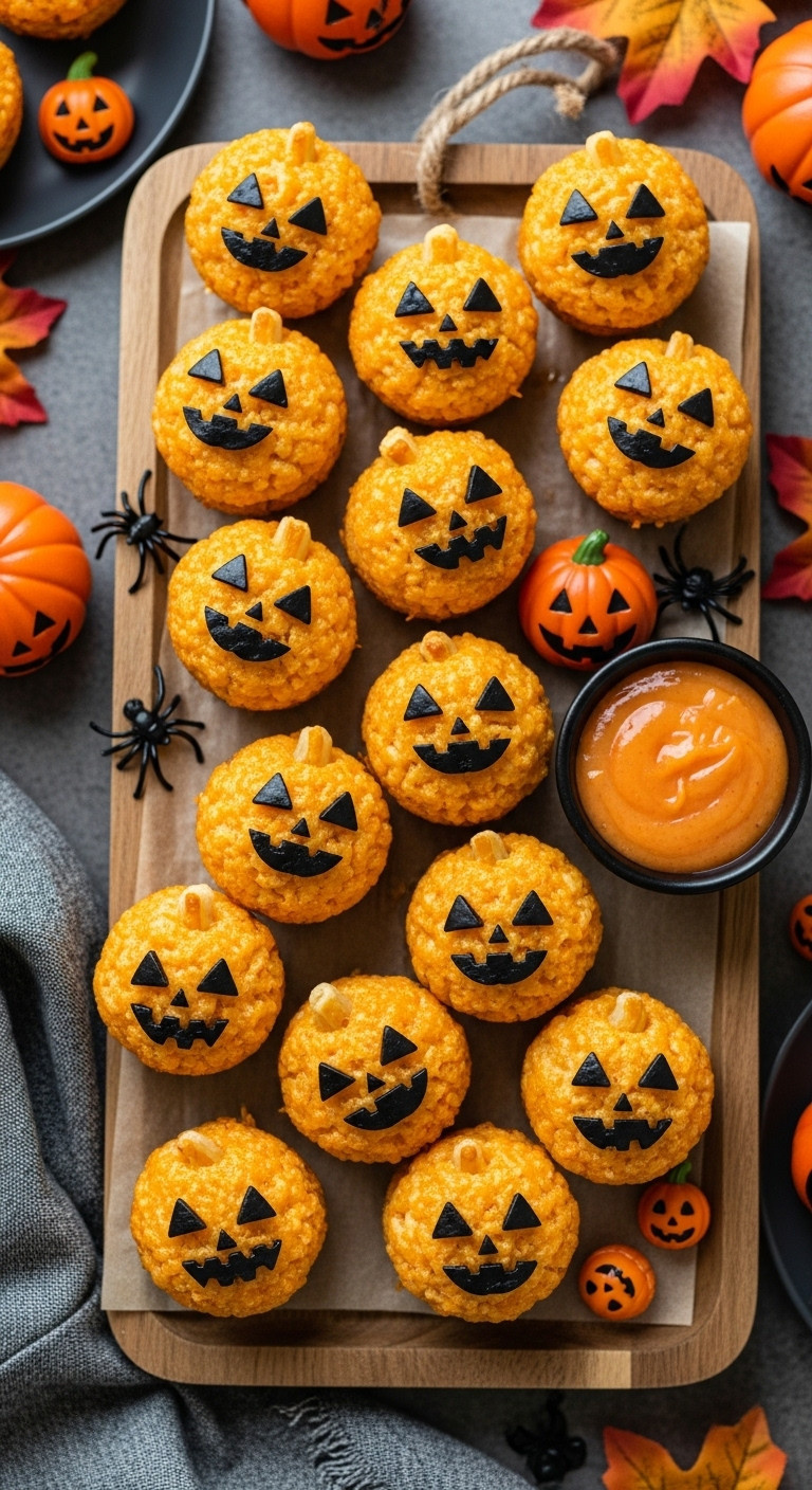 Golden Jack-O'-Lantern Mac And Cheese Bites With Spooky Faces, Arranged On A Rustic Board For A Festive Halloween Party Spread.