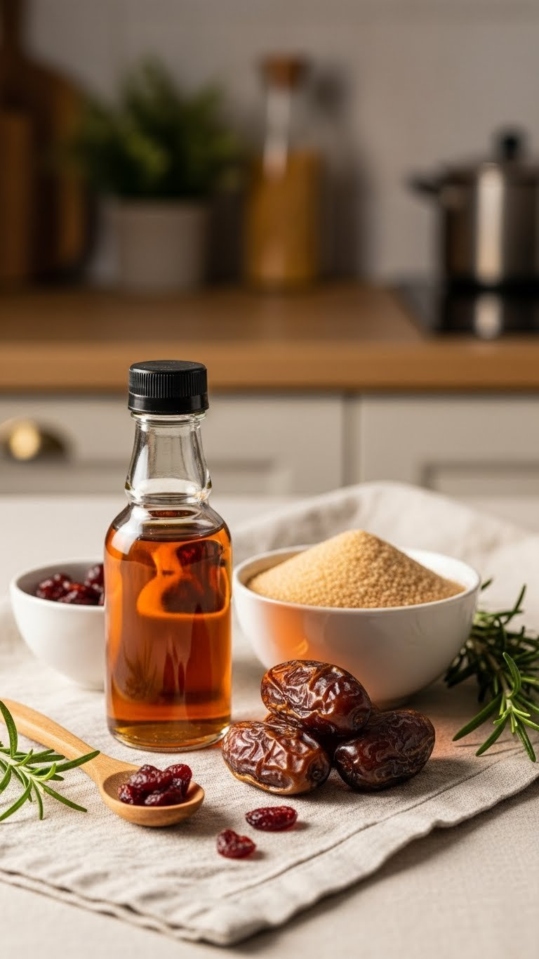 Golden Maple Syrup, Coconut Sugar, And Medjool Dates Arranged On Linen Tablecloth With Wooden Spoon And Rosemary Sprig