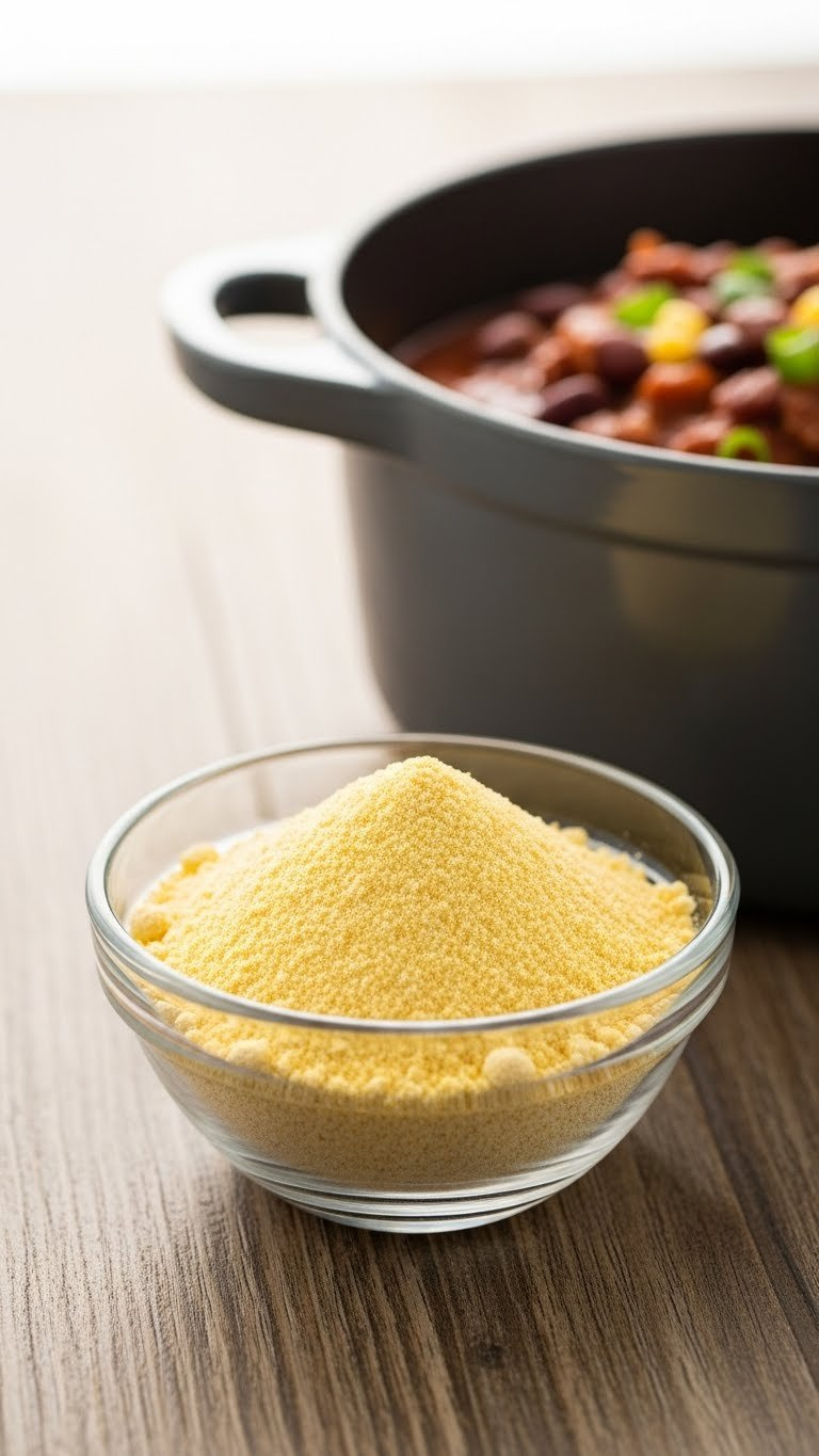 Golden Masa Harina In Glass Bowl Next To Finished Hearty Chili On Rustic Wooden Table Background