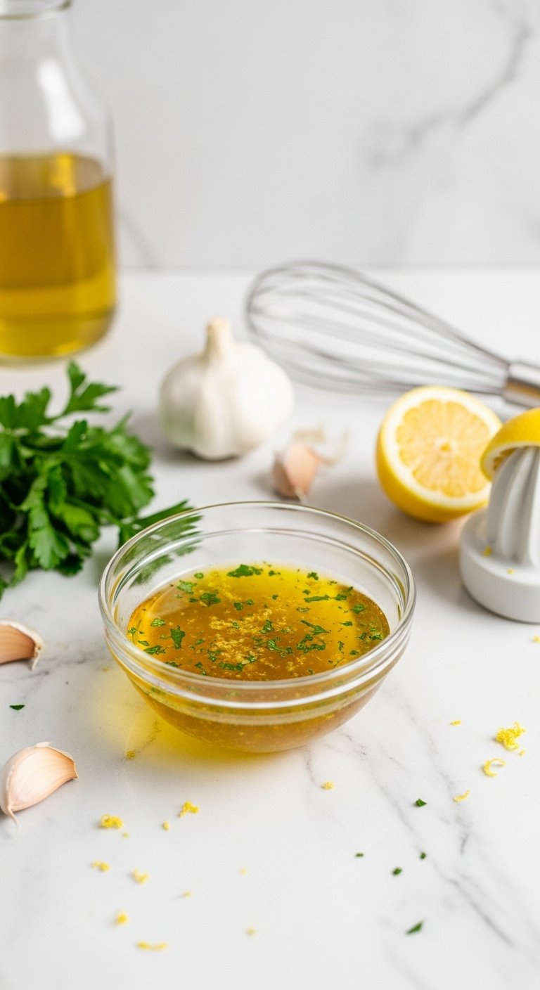 Golden Melted Butter Infused With Chopped Herbs And Lemon Zest In A Small Glass Bowl On A White Marble Countertop.
