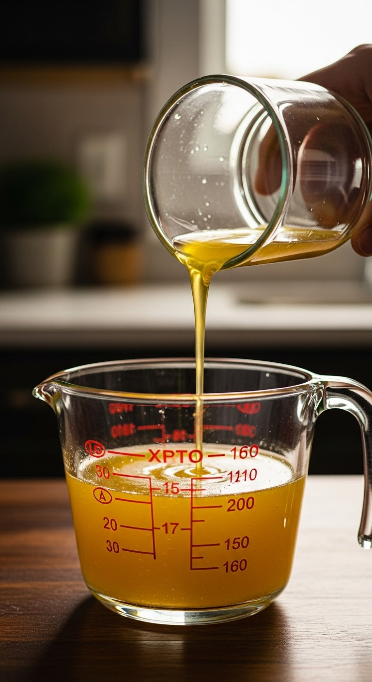Golden Melted Unsalted Butter In A Clear Glass Measuring Cup On A Dark Wood Surface, Ready For A Baking Recipe.