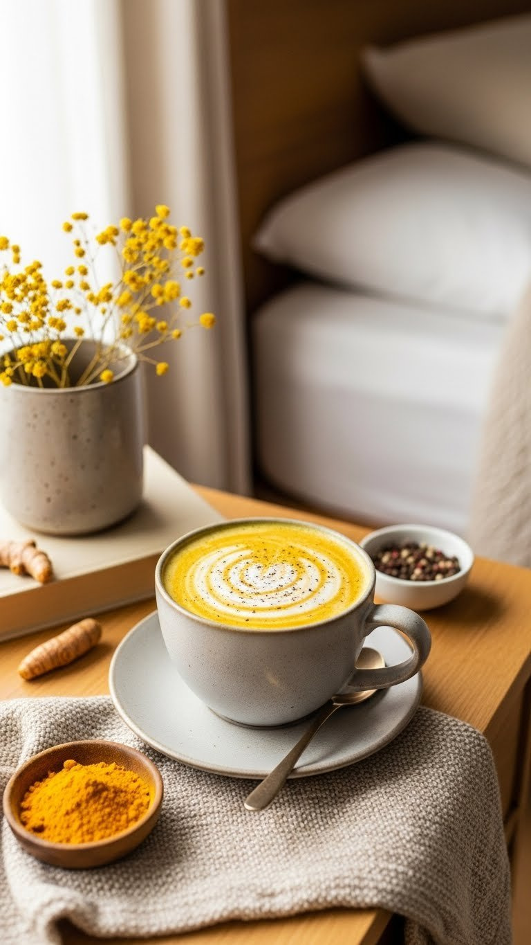 Golden Milk Latte In Cozy Ceramic Mug With Turmeric Swirl On Wooden Bedside Table