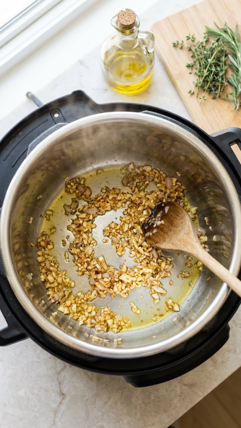Golden Minced Garlic And Chopped Shallots Sizzle In An Instant Pot With Steam, On A Neutral Countertop With Herbs And Olive Oil.