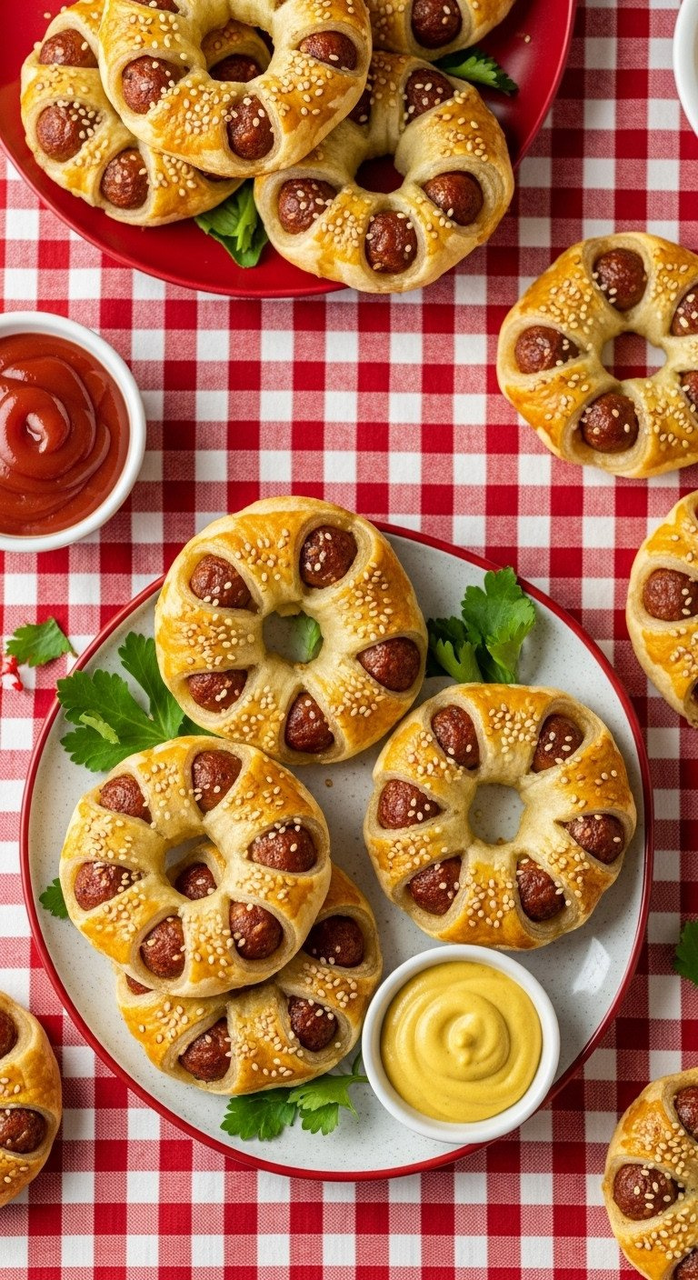 Golden Mini Sausage Roll Wreaths With Sesame Seeds On A Festive Platter, Red Tablecloth. Fun Holiday Appetizer Recipe.