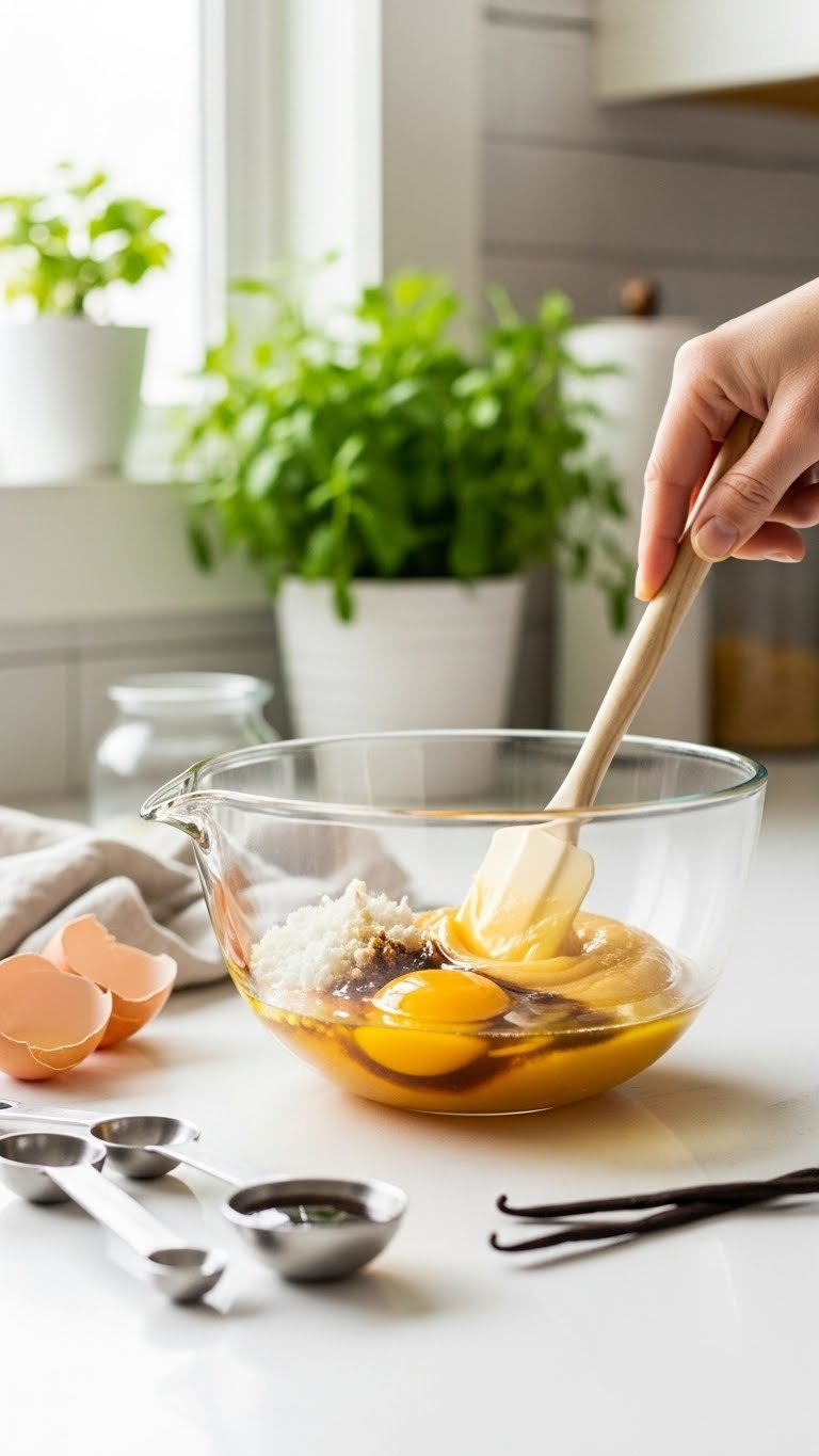 Golden Mixture Of Maple Syrup, Applesauce, Coconut Oil, And Eggs Being Stirred With Silicone Spatula In Glass Bowl