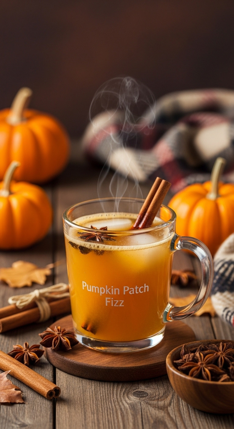 Golden-Orange Pumpkin Patch Fizz, Sparkling, With Cinnamon Stick And Star Anise. Cozy Autumnal Drink For Fall Gatherings.