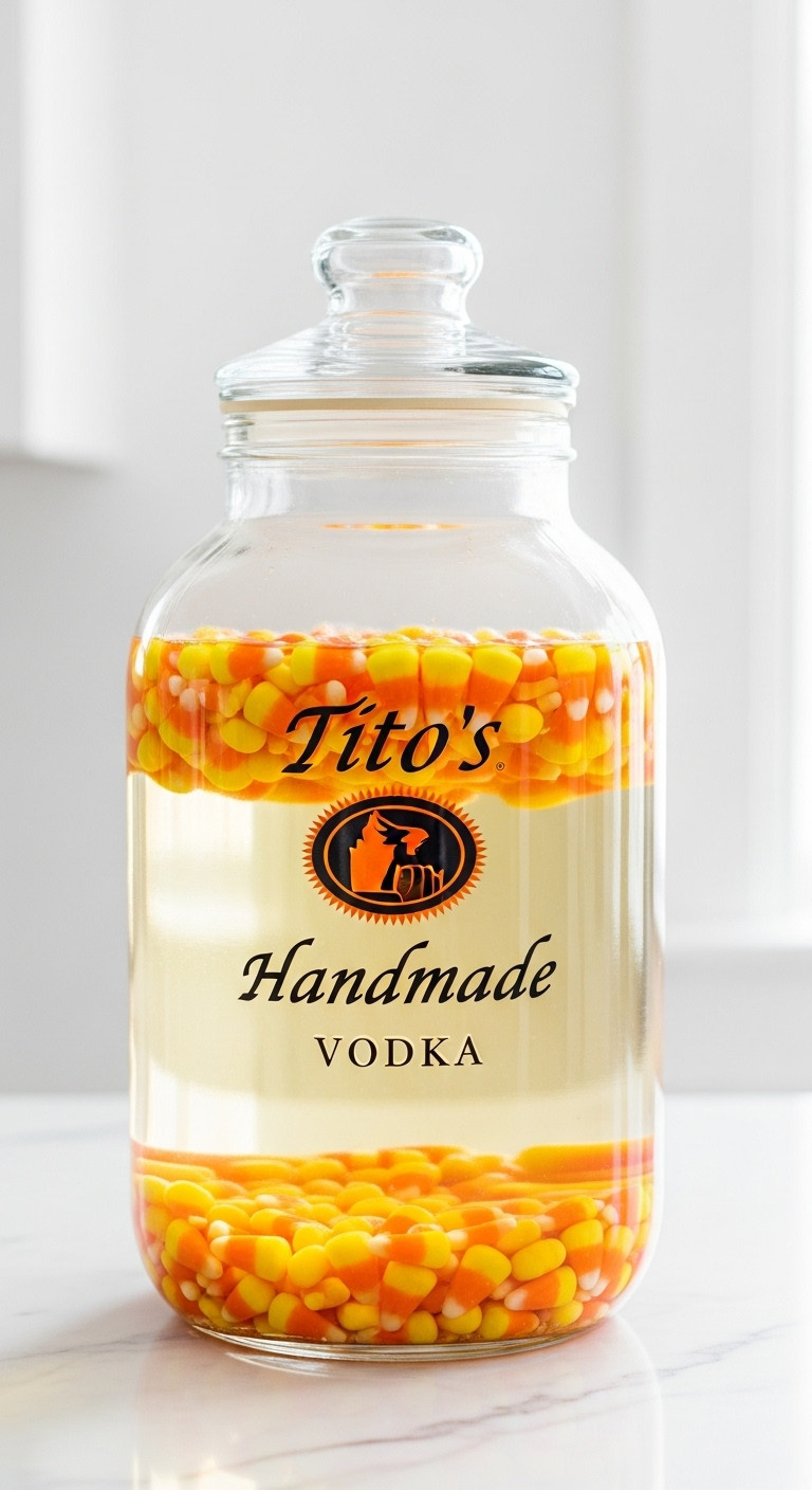 Golden-Orange Candy Corn Infused Vodka In A Glass Jar. White Marble Countertop, Clean Kitchen. Diy Halloween Flavored Spirit.