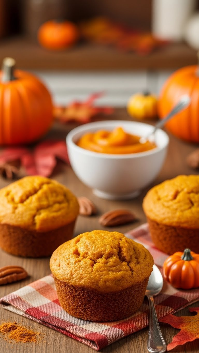 Golden Orange Pumpkin Muffin With Domed Top, Pumpkin Puree Bowl With Spoon On Fall-Themed Plaid Napkin.