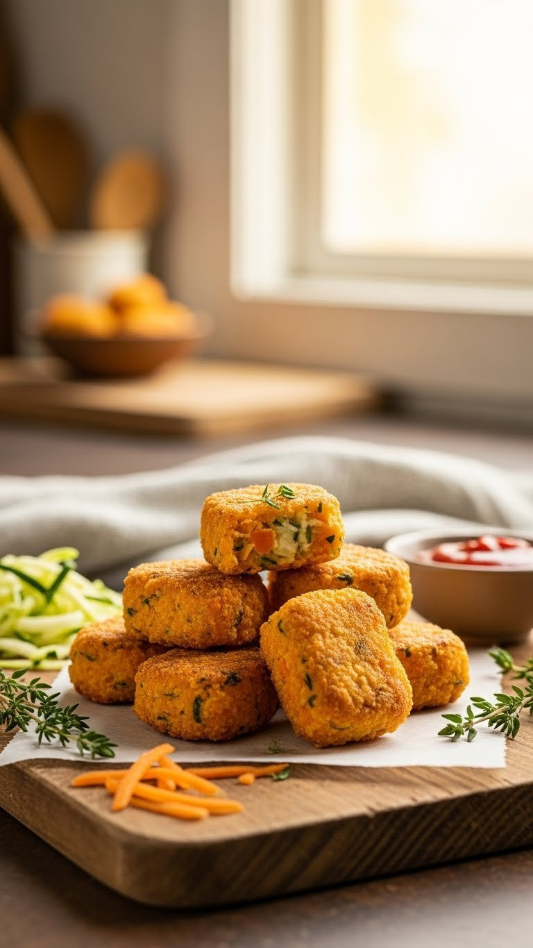 Golden-Orange Zucchini And Carrot Tots With Rustic Shapes Arranged On Wooden Board With Warm Golden Hour Lighting