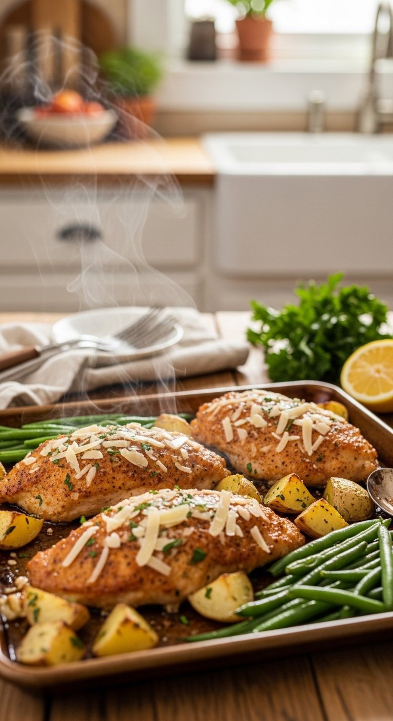 Golden Parmesan Crusted Chicken Roasted With Potatoes And Green Beans On A Sheet Pan.