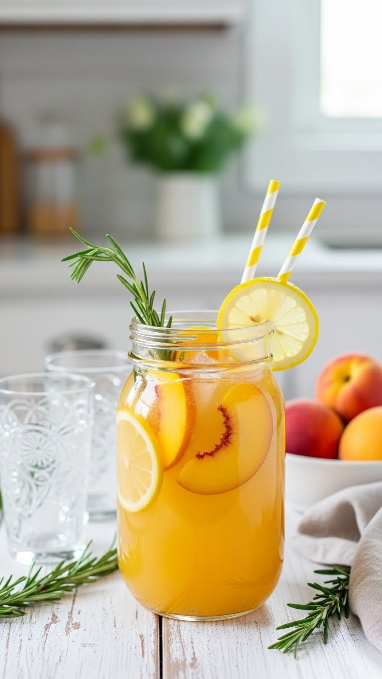 Golden Peach Lemonade Punch In Rustic Mason Jar Dispenser With Peach Slices And Lemon Wheels On Distressed Wooden Table