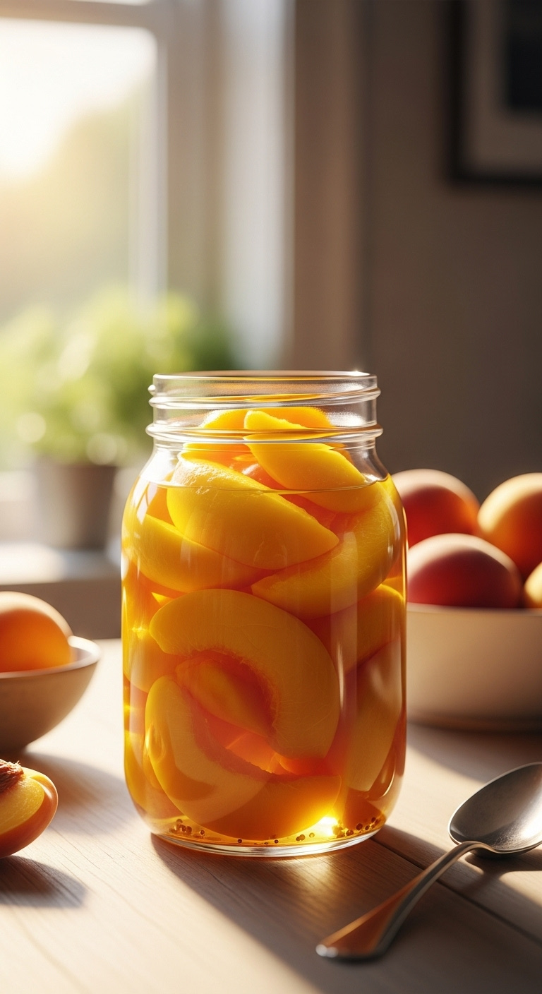 Golden Peach Slices In Clear Glass Jar With Light Syrup On A Wooden Table With Fresh Peaches And A Vintage Spoon
