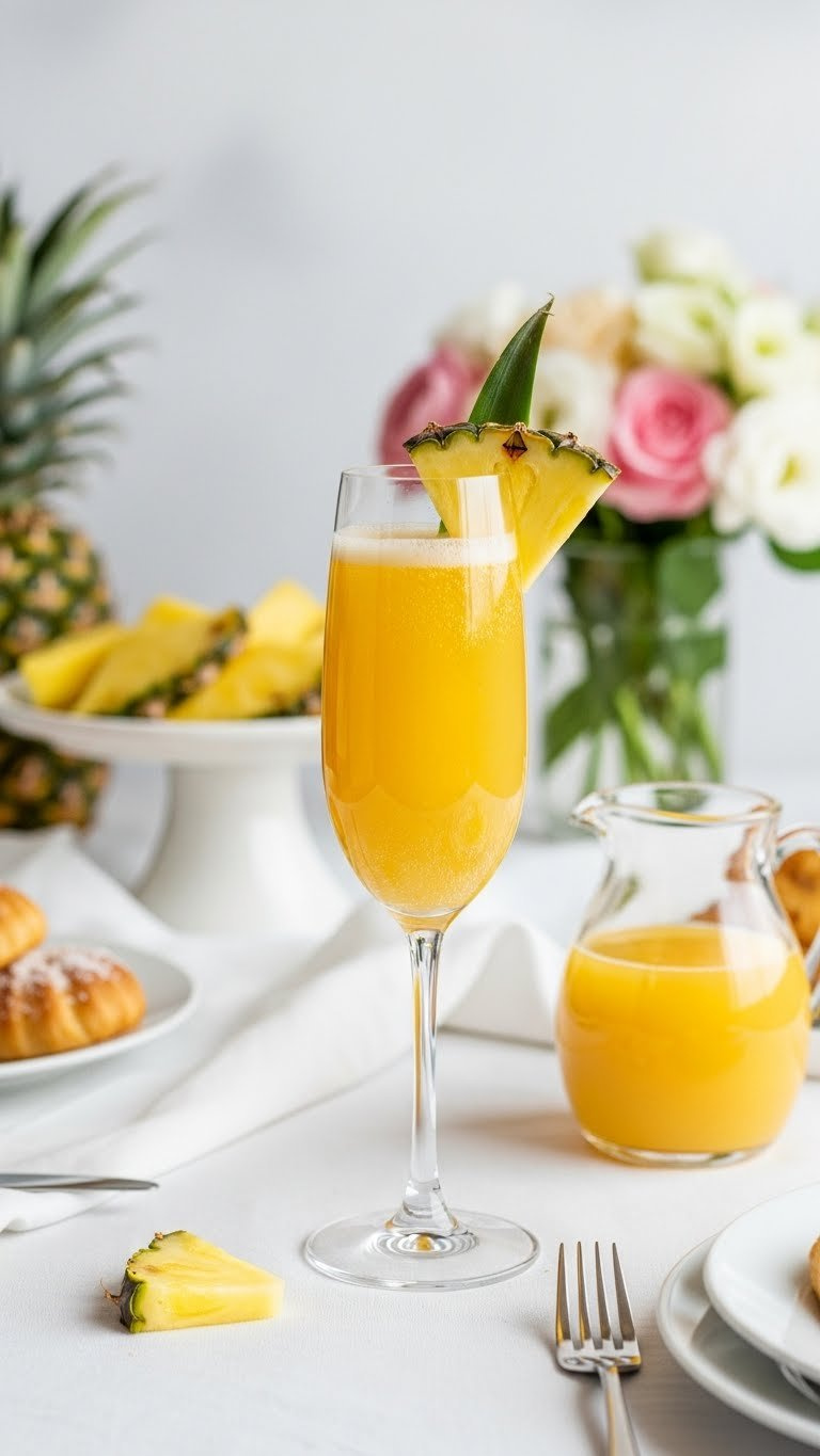Golden Pineapple Mimosa In Champagne Flute With Pineapple Slice Rim On White Linen Tablecloth For Elegant Brunch Setting