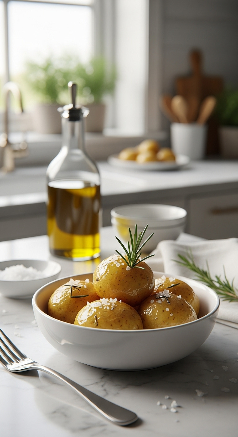Golden Potato Confit In An Elegant White Bowl Garnished With Rosemary And Sea Salt On A Marble Countertop With Olive Oil
