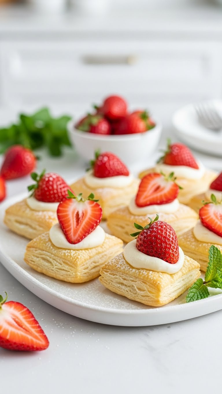Golden Puff Pastry Bites Topped With Creamy White Filling, Halved Red Strawberries, And Powdered Sugar, On A White Ceramic Platter.