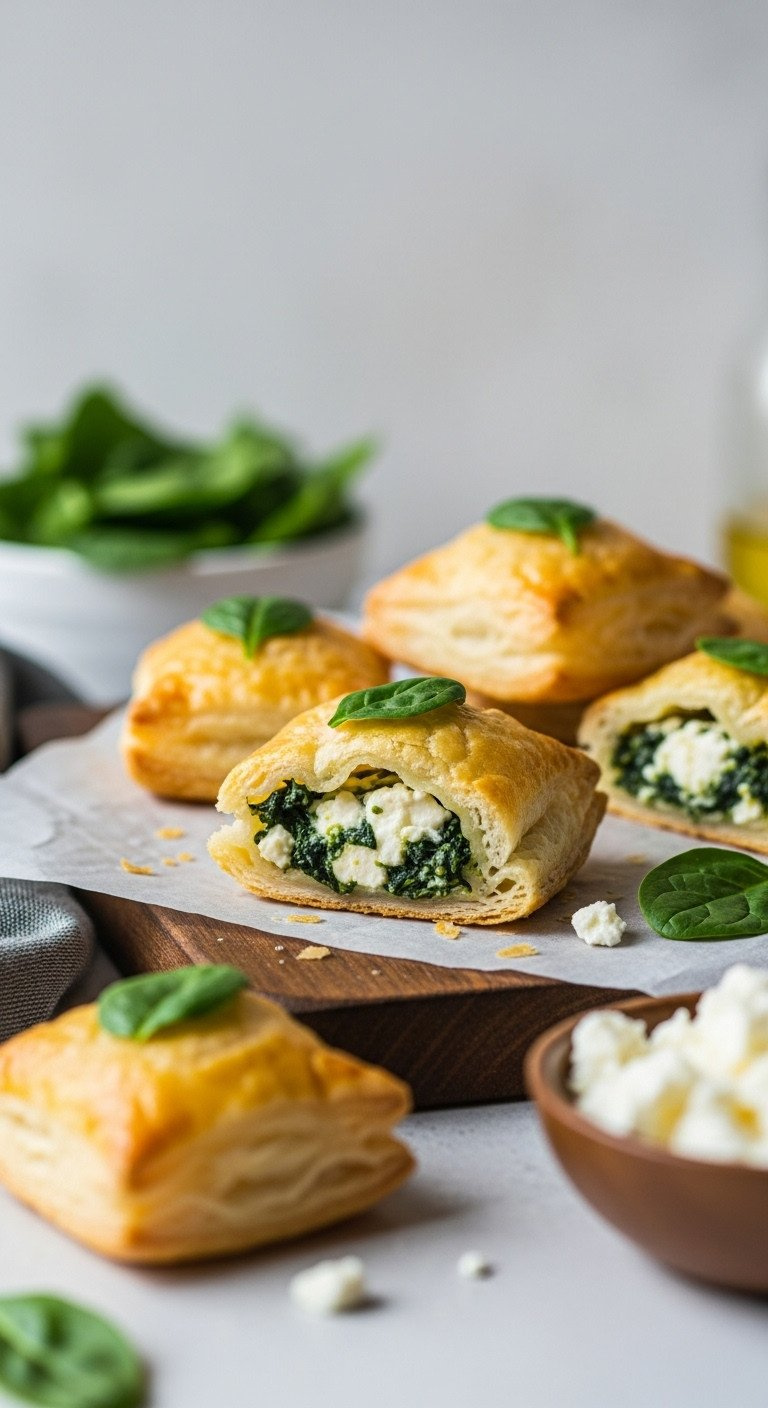 Golden, Puffed Savory Spinach And Feta Puff Pastry Bites On A Rustic Board With Fresh Spinach And Crumbled Feta. Appetizer.