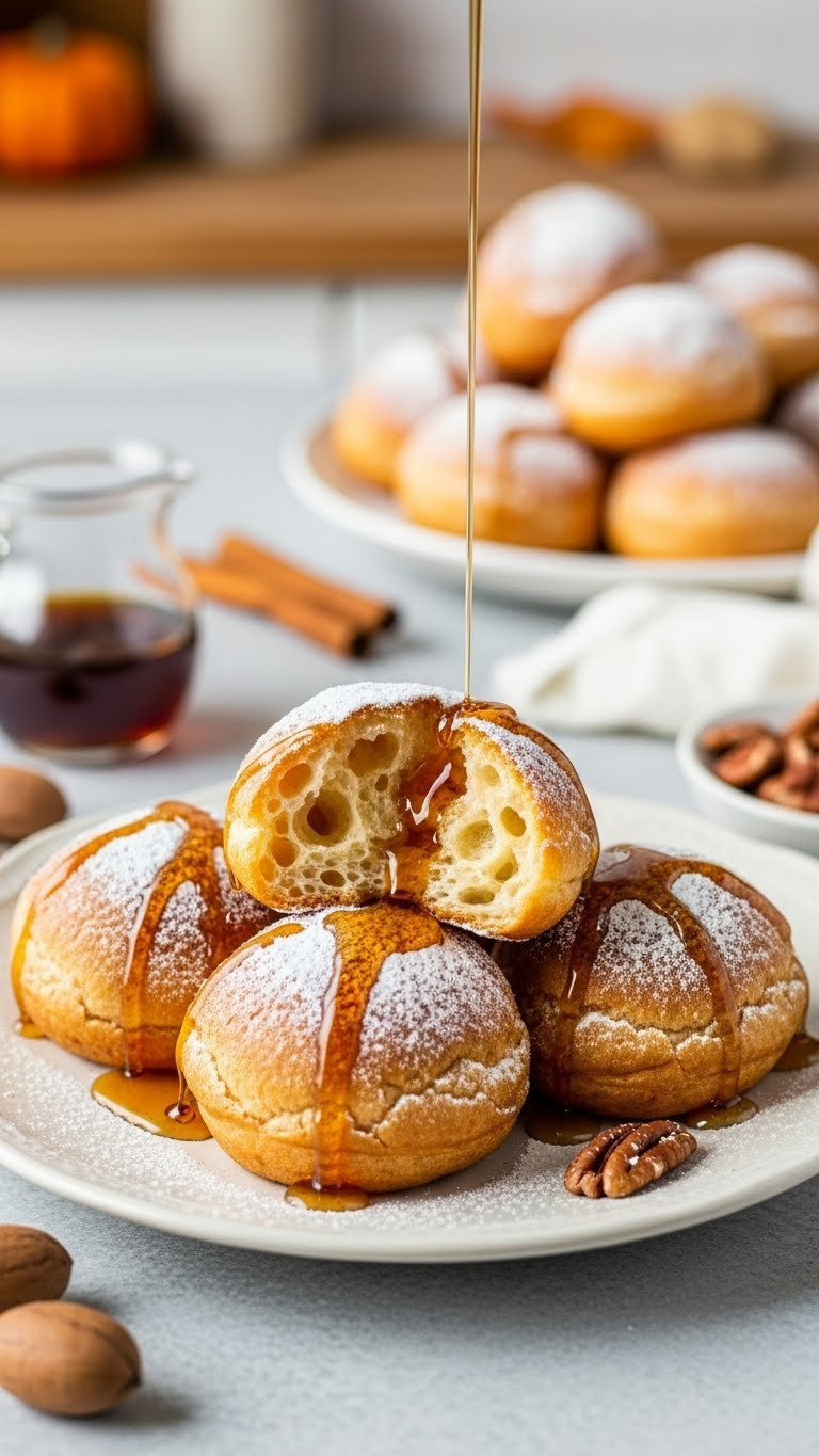 Golden Pumpkin Spice Beignets Dusted With Powdered Sugar And Drizzled With Maple Syrup