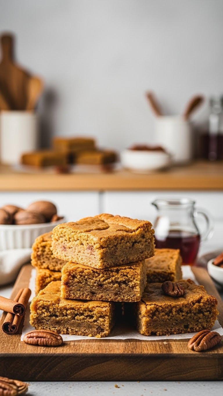 Golden Pumpkin Spice Blondies With Powdered Sugar On Rustic Cutting Board With Cinnamon Sticks