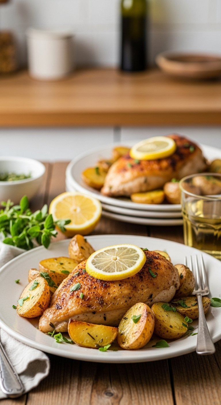 Golden Roasted Greek Lemon Chicken And Potatoes Glistening With Herb Sauce On A Vintage Ceramic Plate.