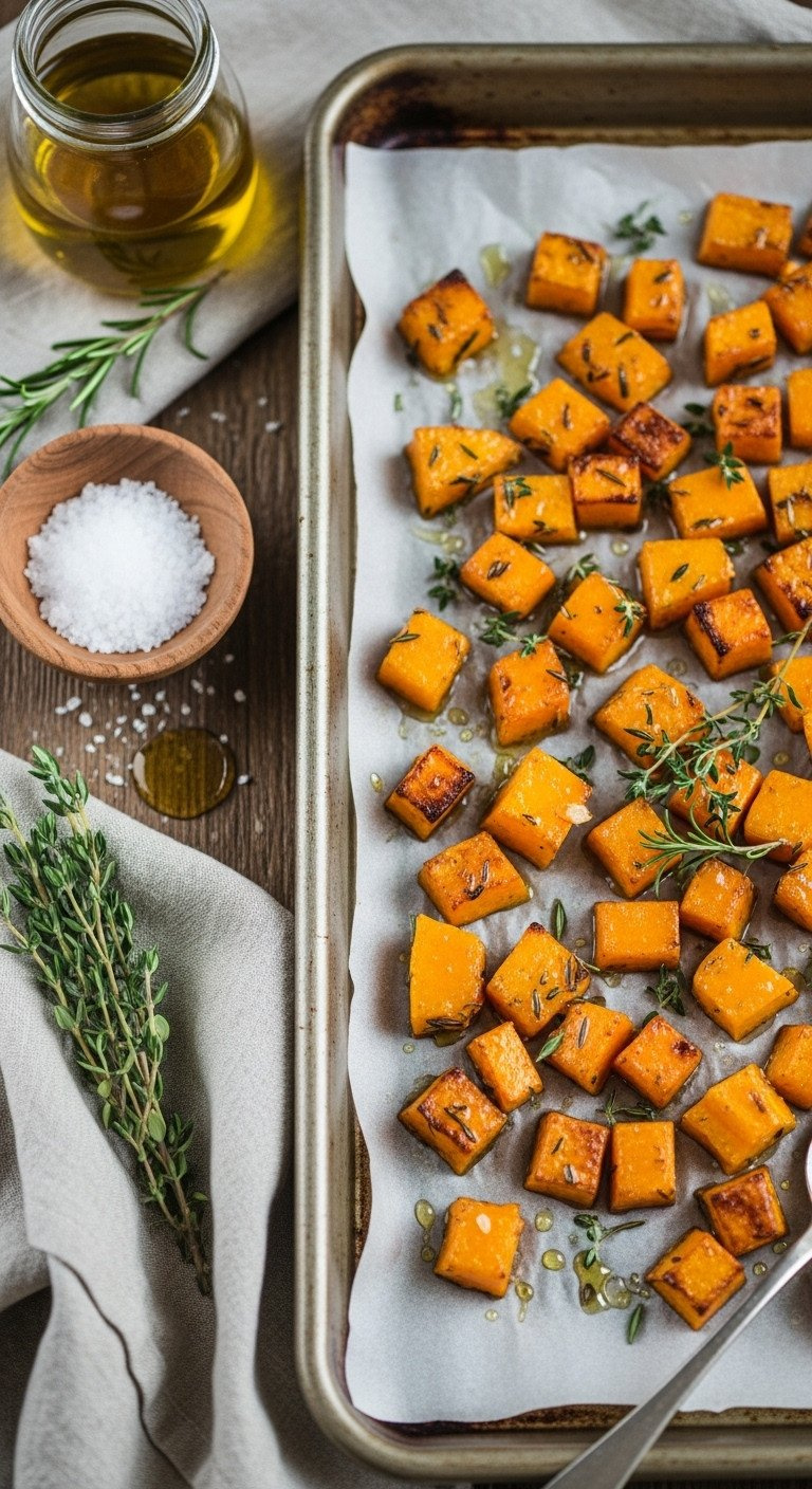 Golden Roasted Butternut Squash Cubes With Olive Oil, Rosemary, Thyme On Parchment. Caramelized Edges, Rustic Table, Sea Salt, Honey. Cozy Autumn Side.