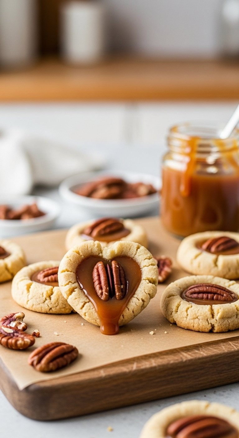 Golden Salted Caramel Pecan Thumbprint Heart Cookies With Toasted Pecans On A Rustic Wooden Board.