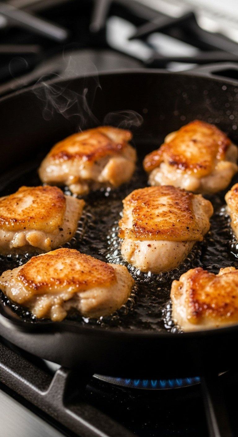Golden Sautéed Chicken Pieces With A Brown Crust Sizzling In A Black Cast Iron Skillet.