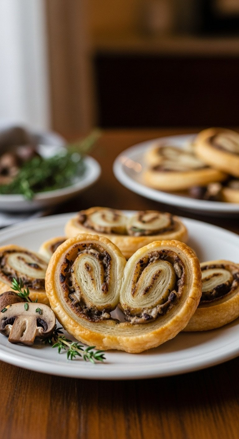Golden Savory Mushroom Boursin Puff Pastry Palmiers On A White Plate With Thyme. Cozy Elegant Appetizer Recipe.