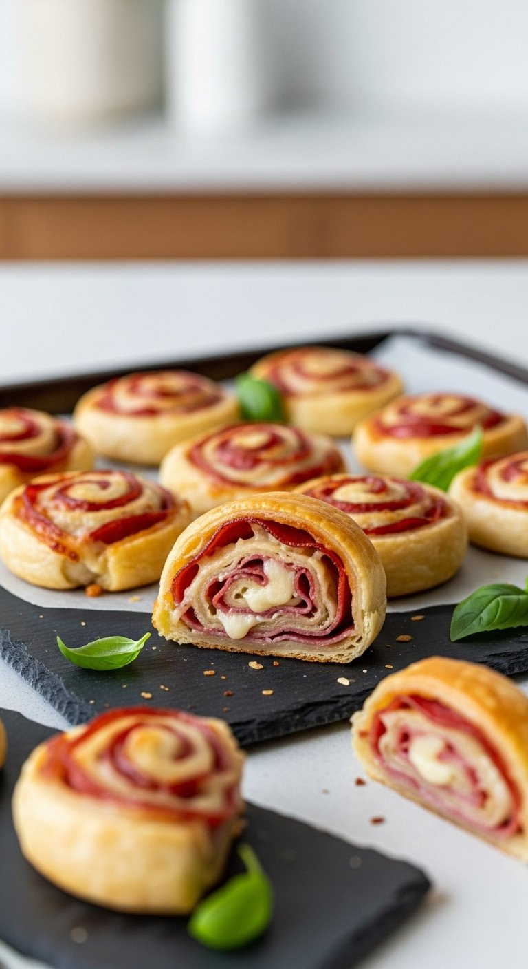 Golden Savory Puff Pastry Pinwheels With Salami &Amp; Provolone Cheese On A Dark Slate Board, Garnished With Fresh Basil. Appetizer.
