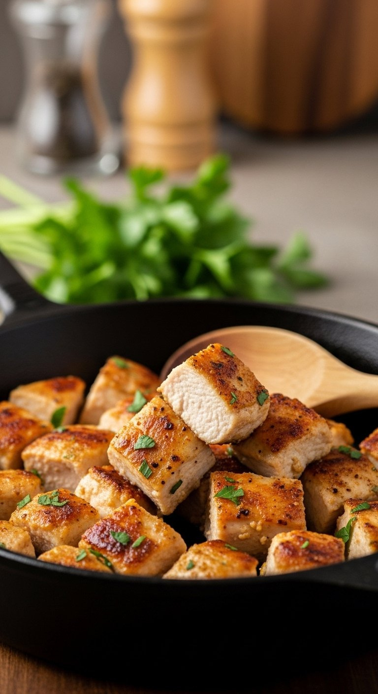 Golden Seared Chicken Breast Pieces In A Cast Iron Skillet With Fresh Parsley Garnish.