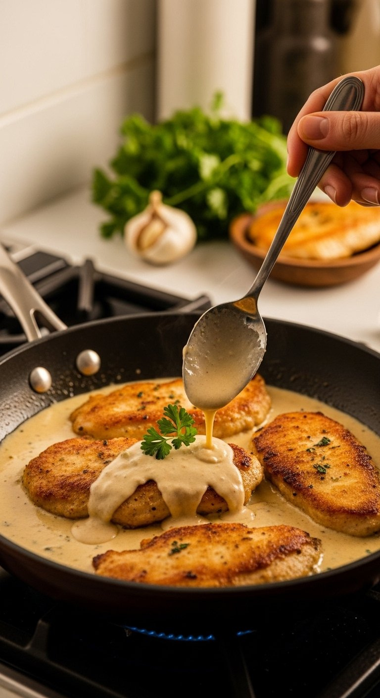 Golden-Seared Chicken Cutlets Basting In A Thick Creamy Garlic Sauce Inside A Skillet.