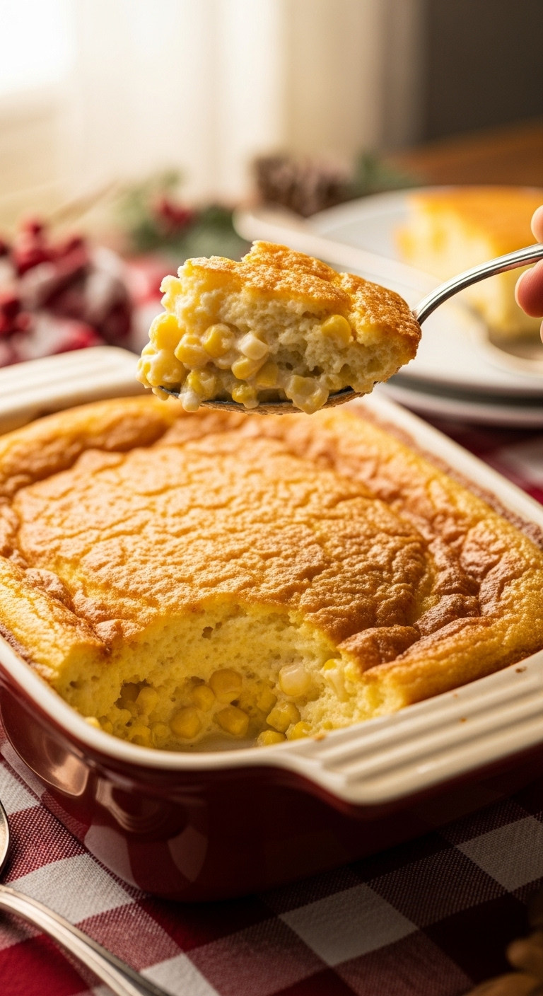 Golden, Soufflé-Like Corn Pudding Casserole In A Vintage Dish, Spoonful Lifted Revealing Creamy Interior &Amp; Corn.