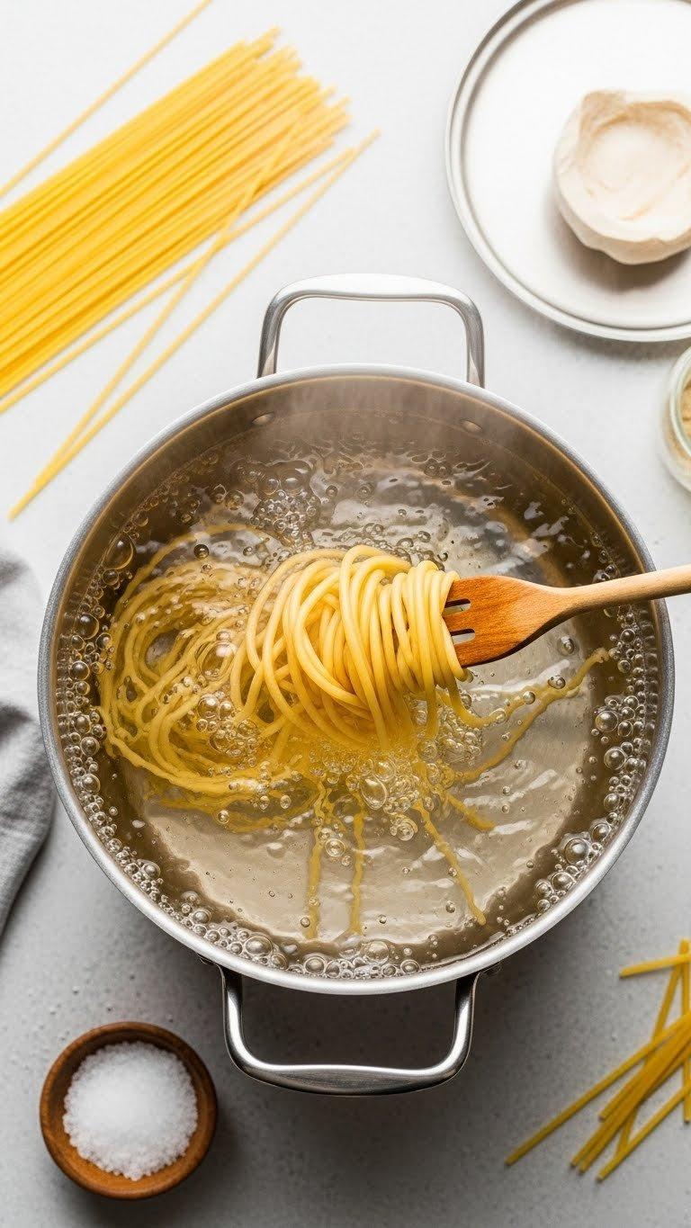 Golden Spaghetti Noodles Swirling In Boiling Water With Steam Rising From Stainless Steel Stock Pot