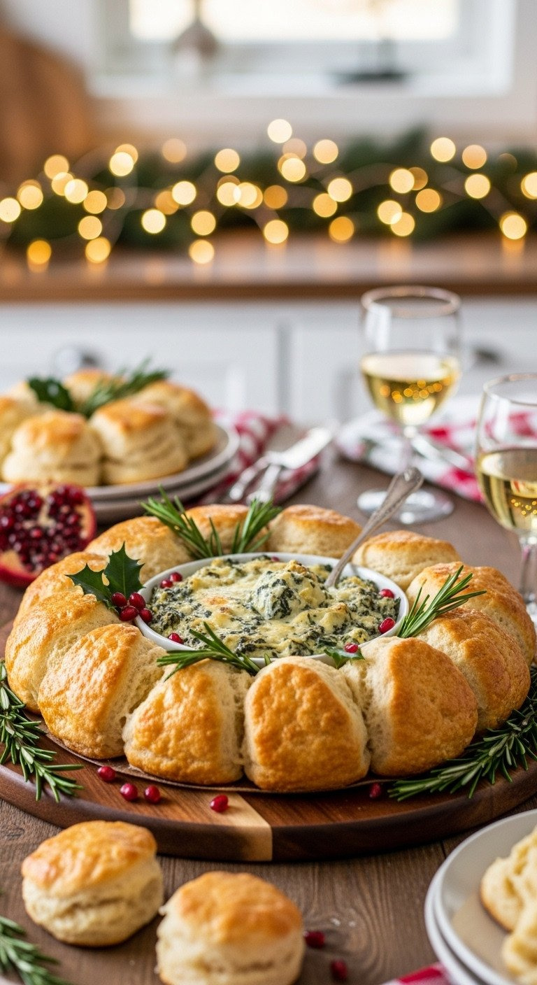 Golden Spinach Artichoke Dip Biscuit Wreath, Garnished With Rosemary &Amp; Pomegranate On Rustic Wood. Festive Christmas Appetizer With Wine &Amp; Lights.