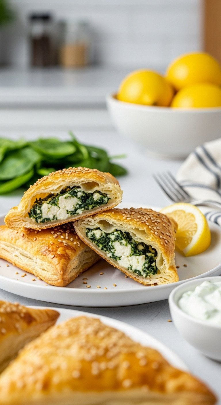 Golden Spinach &Amp; Feta Puff Pastry Triangles, One Broken Open, With Lemon &Amp; Tzatziki. Savory Greek Appetizer Recipe.