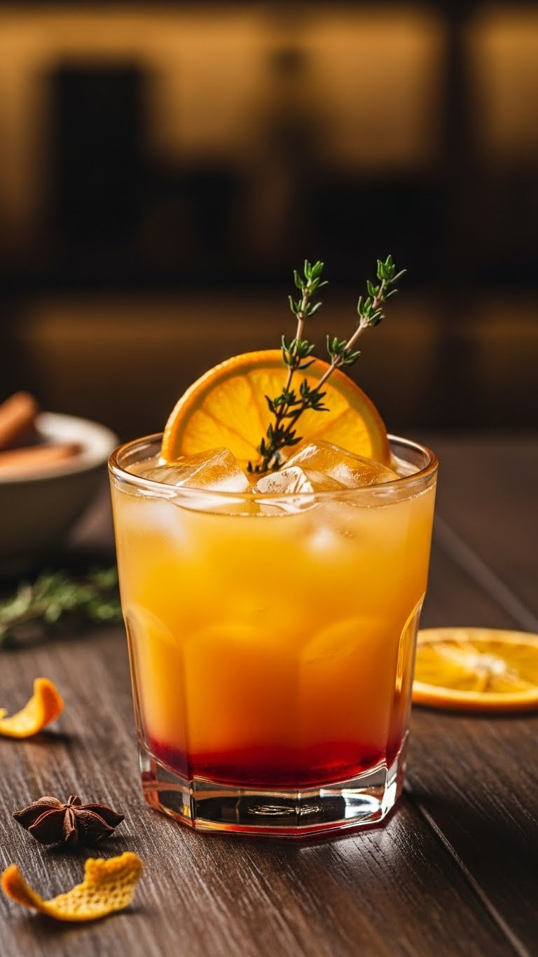 Golden Sunset Gold Lotus Energy Drink With Orange Slice And Thyme In Sophisticated Glass On Dark Wood
