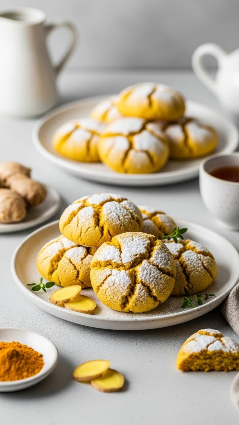 Golden Turmeric Ginger Cookies Dusted With Powdered Sugar On Ceramic Plate With Fresh Ginger Root Garnish