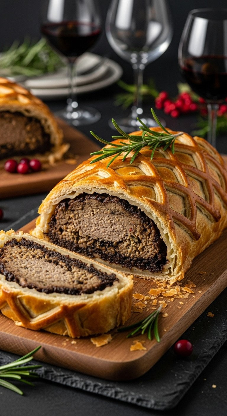 Golden Vegan Mushroom Wellington Slice On Wooden Board, Revealing Flaky Pastry, Duxelles, Lentil Pâté. Festive Holiday Recipe.