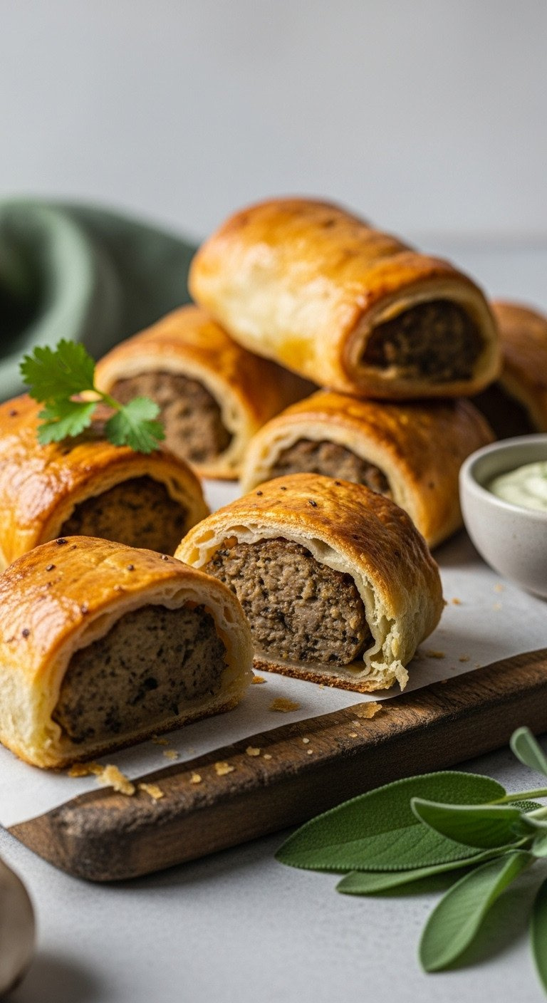 Golden Vegan Mushroom Sausage Rolls With Herb Filling On Rustic Board. Plant-Based Savory Appetizer Recipe.