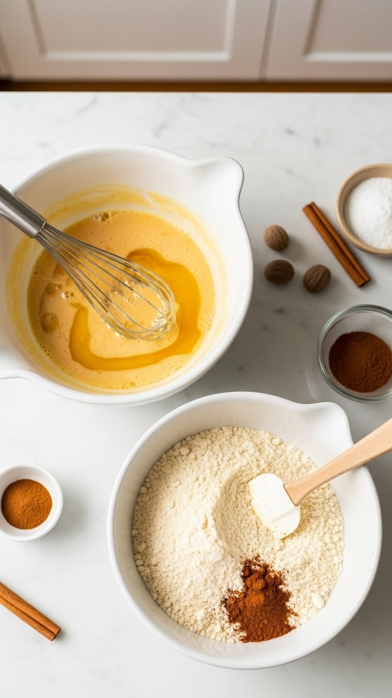 Golden Wet Ingredients And Fluffy Pale Almond Flour Mixture Ready For Combining In White Porcelain Bowls