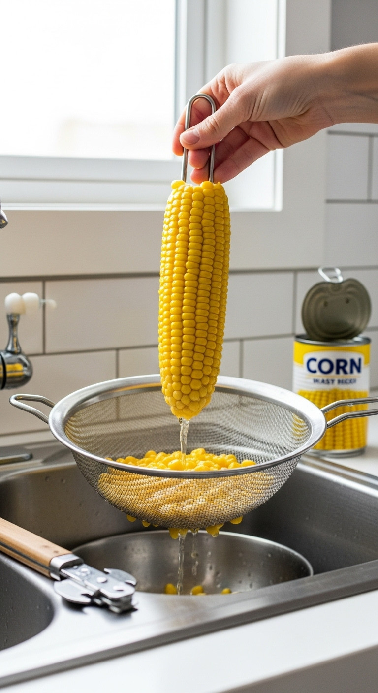 Golden Whole Kernel Corn Draining In A Stainless Steel Fine-Mesh Sieve Over A Clean Kitchen Sink With A White Tile Backsplash.