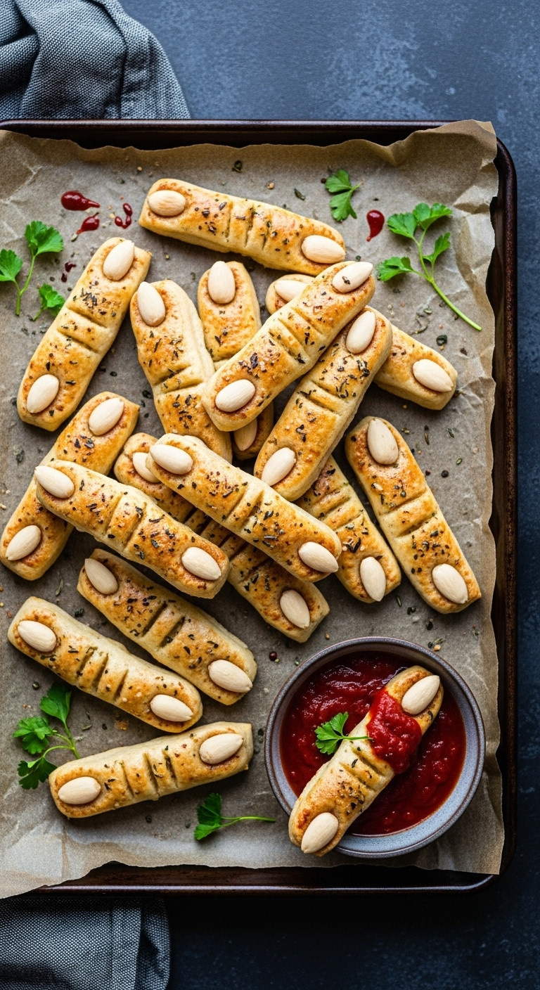 Golden Witch Finger Breadsticks With Almond Nails And Herbs, Served With Marinara 'Blood' Dip On Dark Parchment Paper.