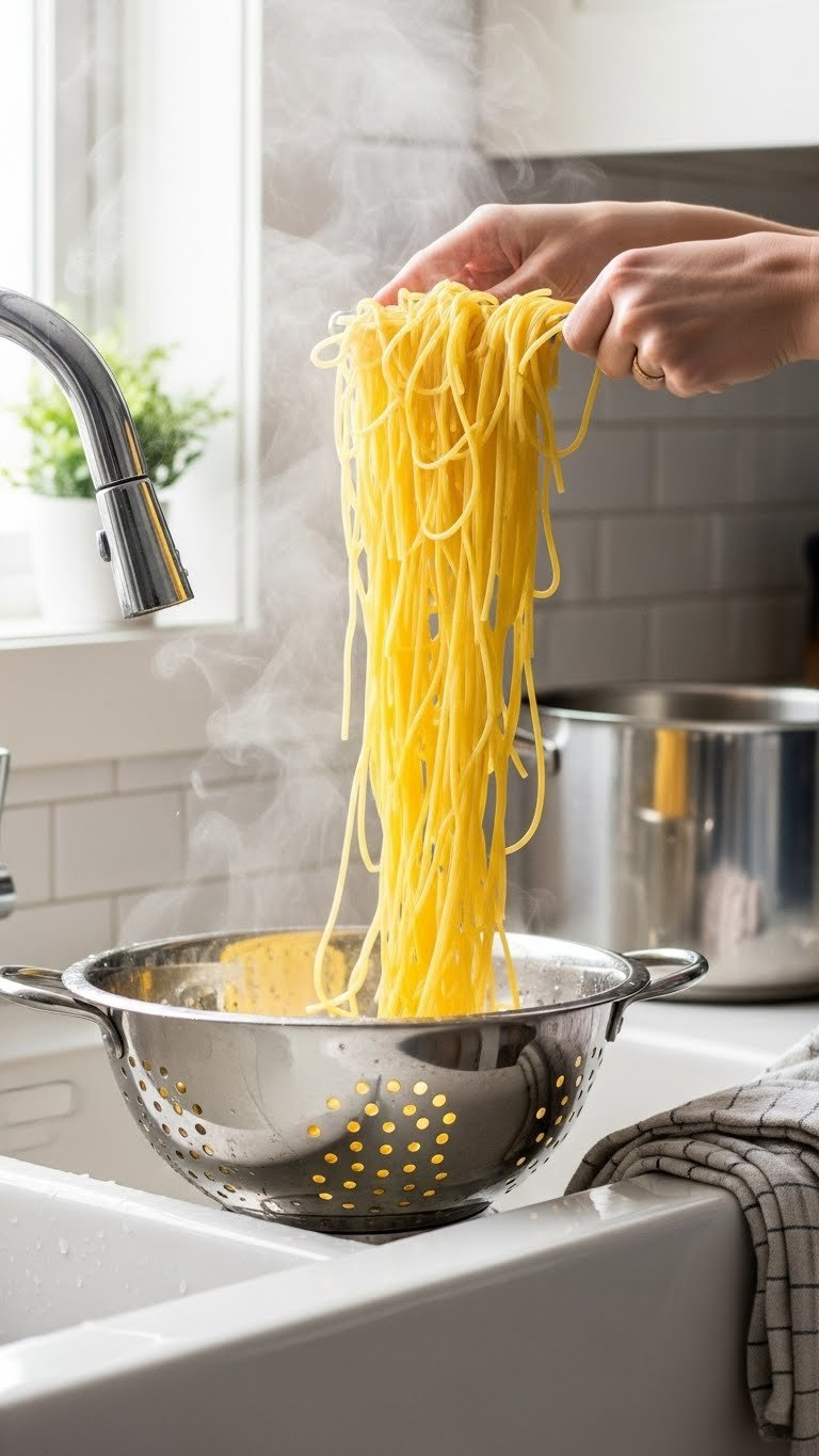 Golden Yellow Al Dente Spaghetti Noodles Draining In Stainless Steel Colander With Steam Rising From Fresh Pasta.