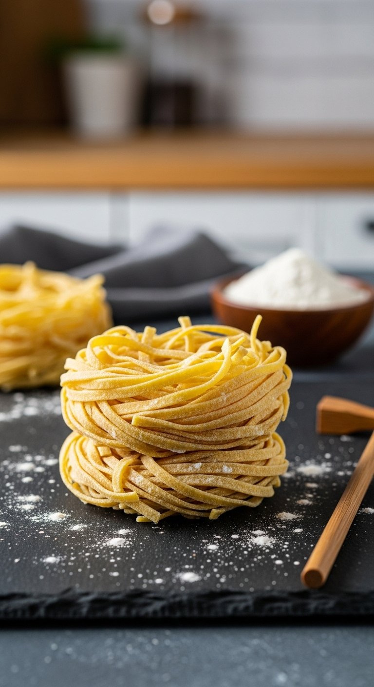 Golden-Yellow, Flour-Dusted Chow Mein Noodles Bundled On A Dark Slate Surface With A Bowl Of Flour And A Chopstick For Fresh Cooking Preparation.