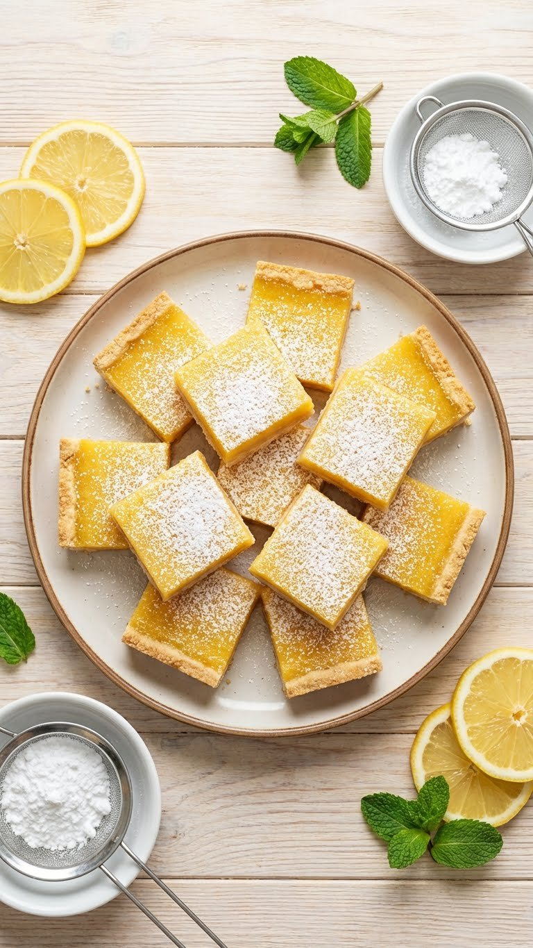 Golden-Yellow Lemon Bars With A Buttery Shortbread Crust And Powdered Sugar On A White Plate With Lemon Slices.