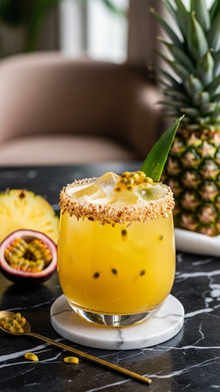 Golden-Yellow Pineapple Passionfruit Elixir In Wide Glass With Toasted Coconut Rim And Pineapple Frond