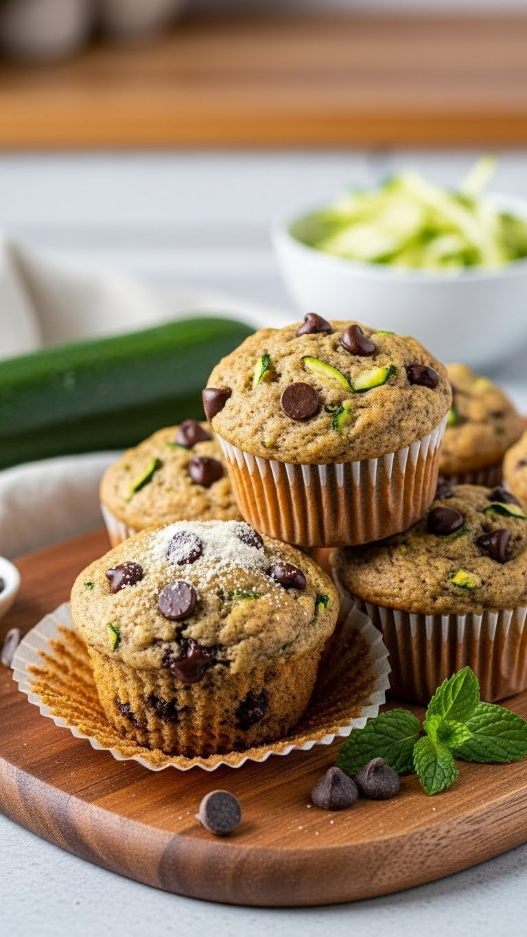 Golden Zucchini Chocolate Chip Muffins With Visible Zucchini Flecks On Rustic Cutting Board In Kitchen Setting.